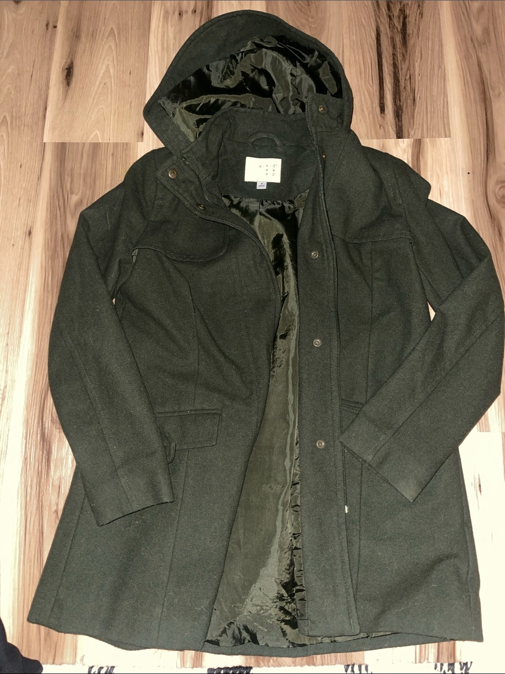Women's Hooded Pea Coat in Dark Olive - Classic Wool-Blend Outerwear